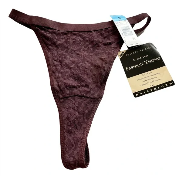 Vintage Private Affair burgundy lace stretchy thong NWT SZ 6 - Picture 1 of 3